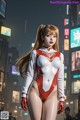 A woman in a red and white bodysuit standing in the middle of a city.