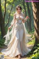 A woman in a wedding dress walking through a forest.