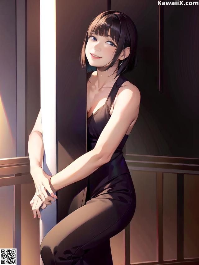 A woman in a black dress leaning against a wall.
