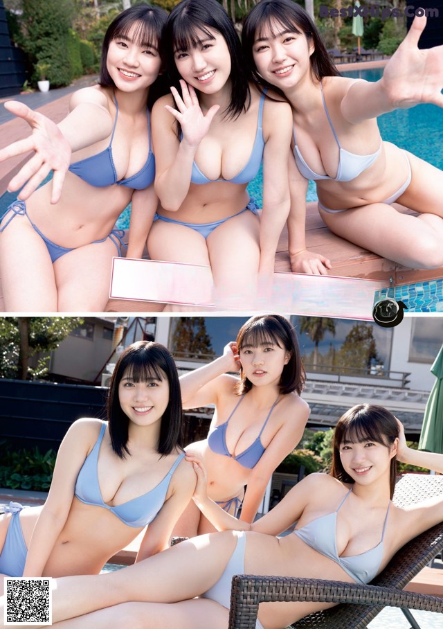 A group of young women in bikinis posing by a pool.