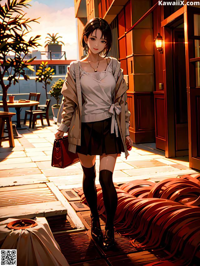 A woman walking down a sidewalk carrying a red bag.