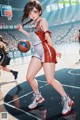 A girl in a basketball uniform dribbling a basketball on a court.