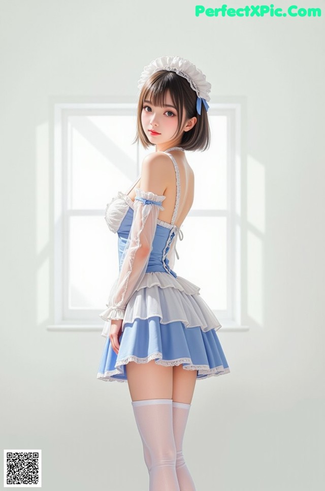 a woman in a blue and white dress standing in front of a window