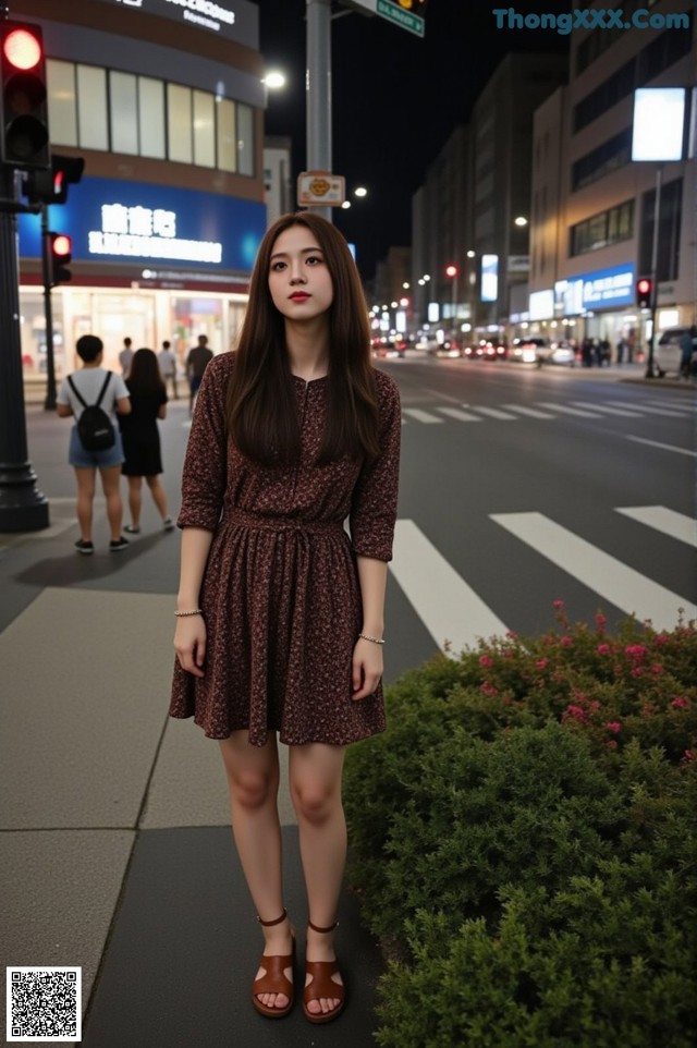 A woman standing in the middle of a city street at night.